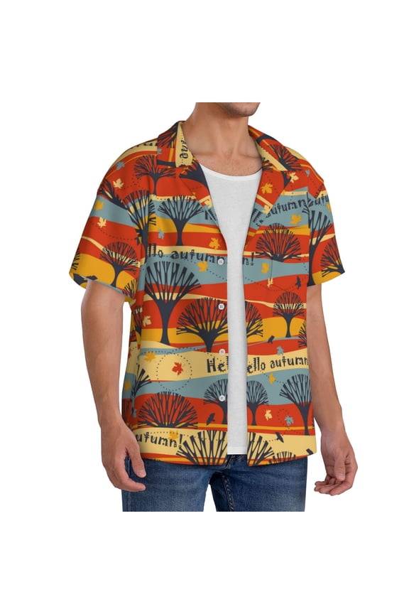 Vibrant Autumn Forest Hues Men's Linen Shirts Short Sleeve Cuban Beach Shirts Casual Shirts Button Down Shirt for Men Beach Summer Wedding Shirt-Small