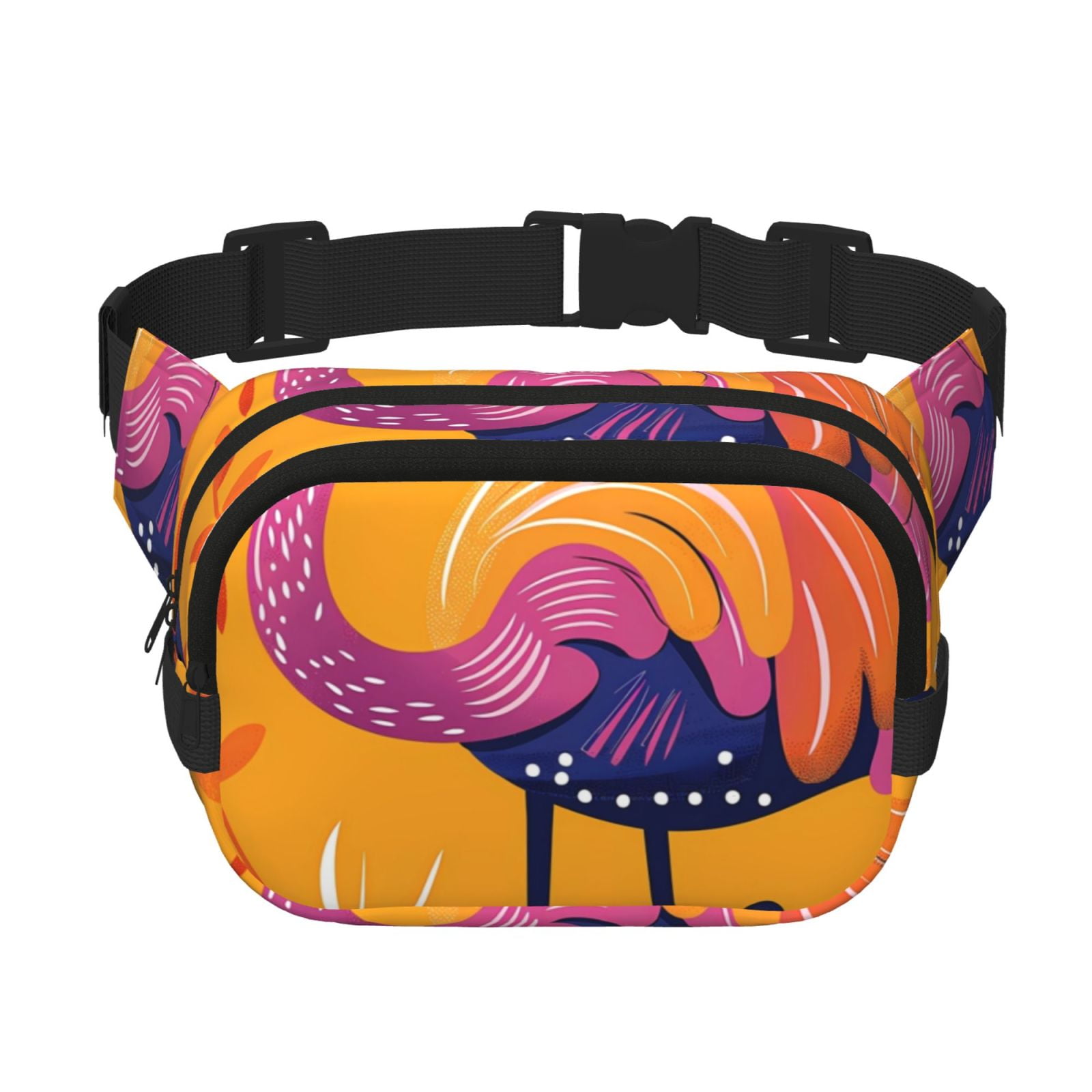 Picia Vibrant Flamingo Illustration Print Square Double-Layer Waist Bag Mini Adjustable Waist Belt Bag Exercise Running Travel Hiking