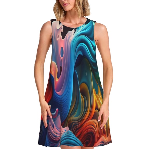 Picia Vibrant Fluid Motion Art Print Women’s Sleeveless Midi Swing Dress – A-Line Pleated Tank Sundress, Comfortable and Flowy T-Shirt Dress