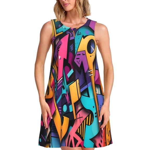 Picia Vibrant Graffiti Urban Art Print Women’s Sleeveless Midi Swing Dress – A-Line Pleated Tank Sundress, Comfortable and Flowy T-Shirt Dress