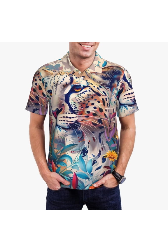 Vibrant Leopard In Flowers Print Men's Polo Shirt, Two-Button Closure Pique Polo Shirt, Summer Fashion Golf Shirt-Medium