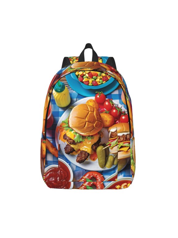 Vibrant Picnic Food Spread Printed Canvas Daypack - Stylish and Durable Vintage Compact Backpack - Class, Work, Travel, or Laptop Bookbag,Organized Compartments-Small