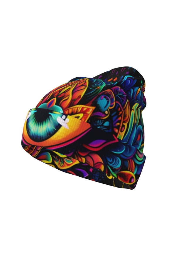 Vibrant Psychedelic Eye Pattern Knitted Beanie Hat for Men and Women , Unisex Winter Warm Stretchy Knit Cap Thick Fisherman Beanies Cuffed Plain Skull Caps