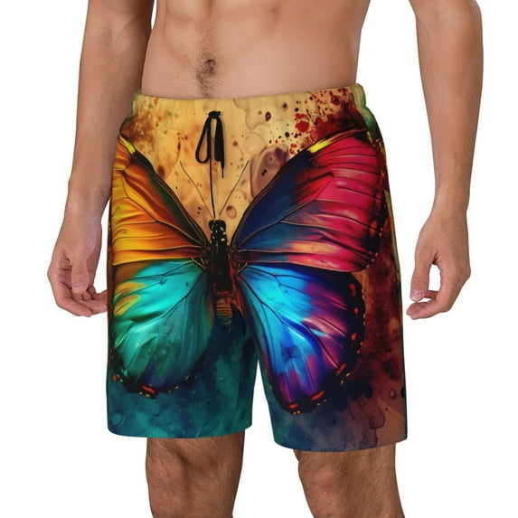Picia Vibrant Rainbow Butterfly A pattern Mens Swim Trunks with Compression Liner Stretch Beach Shorts Quick Dry with Zipper Pockets No-Chafing Board Shorts-Large