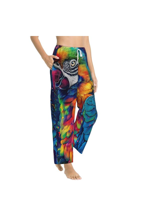 Vibrant Rainbow Parrot Fantasy Womens Soft Woven Cotton Elastic Waistband Sleep Pajama Pant Lounge Sleep Pant With Pockets And Drawstring-Small