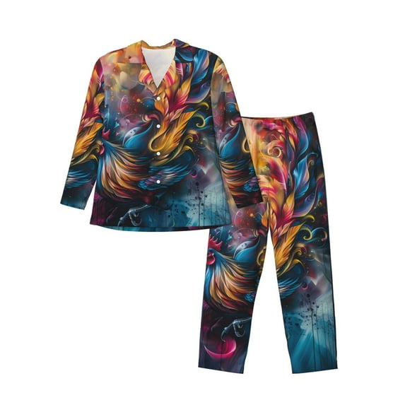 Picia Vibrant Rooster Painting Pattern Men’s Long-Sleeve Sleepwear Set - Soft 2-Piece Loungewear with Pockets, Comfy PJs for Relaxing Nights-XX-Large