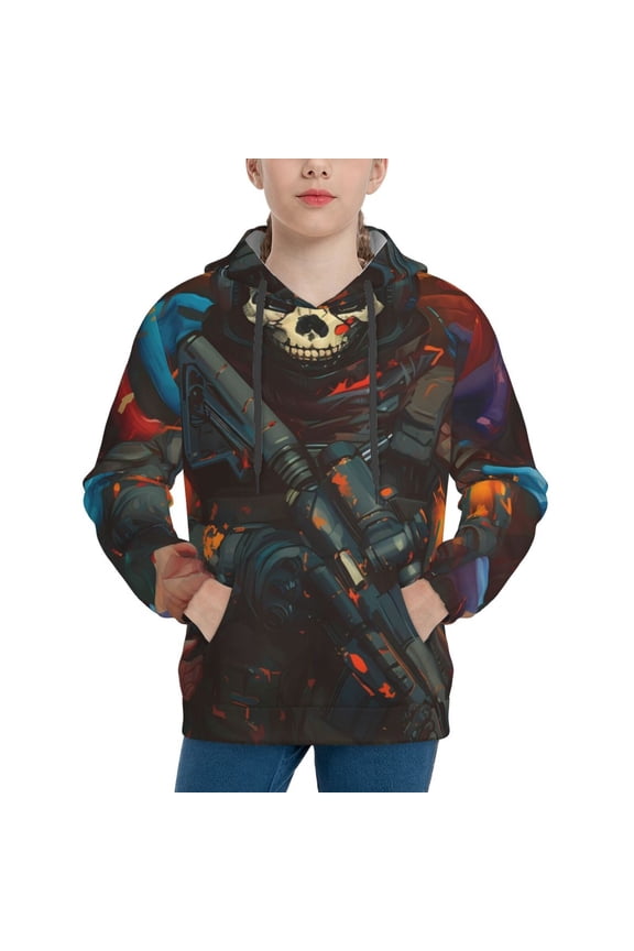 Vibrant Skull Soldier Pattern Youth Hoodie - Warm Pullover Sweatshirt with Kangaroo Pocket, Ideal for Boys and Girls-Medium