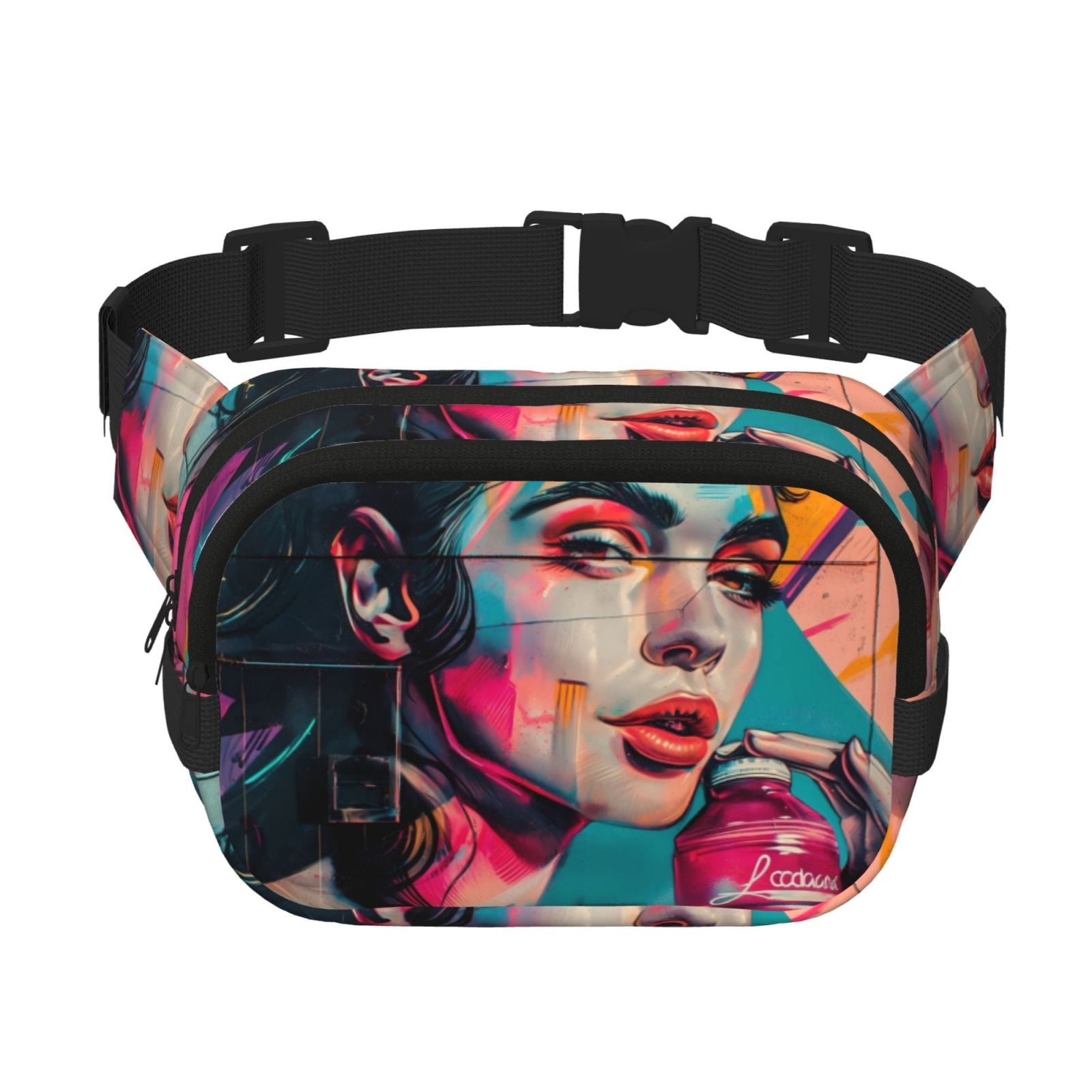 Picia Vibrant Street Art Portrait Print Square Double-Layer Waist Bag Mini Adjustable Waist Belt Bag Exercise Running Travel Hiking