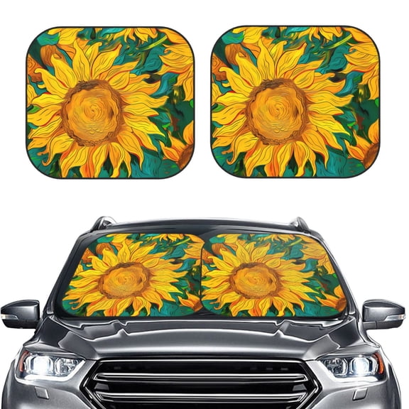 Picia Vibrant Sunflower Painting 2 Piece Car Windshield Sun Shade Foldable | Foldable Sun Shield for Front Window Blocks UV Rays and Keeps Your Vehicle Cool-Medium