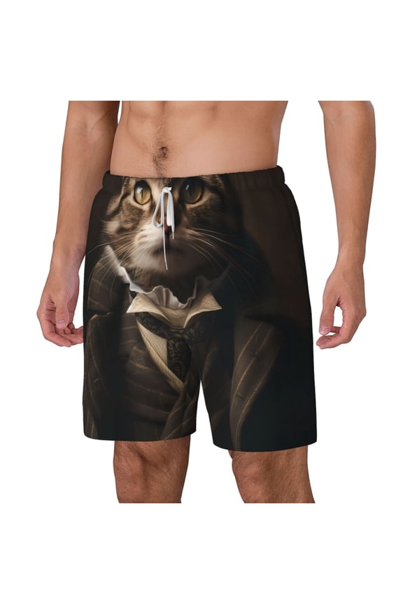 Victorian Gentle Cat pattern Mens Swim Trunks with Compression Liner Stretch Beach Shorts Quick Dry with Zipper Pockets No-Chafing Board Shorts-Small