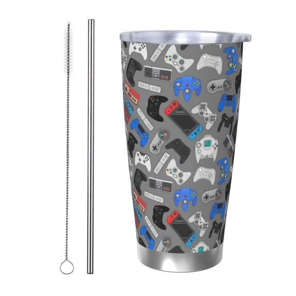Picia Video Game Pattern 20 oz Tumbler Stainless Steel Vacuum Insulated Coffee Ice Cup Double Wall Travel Flask Dual Lid Water Bottle, Eco-friendly Car Cup