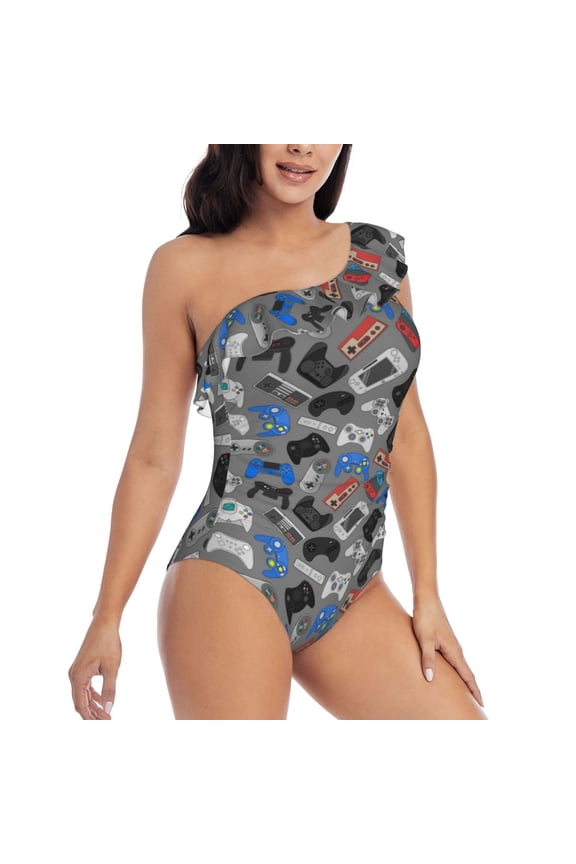 Video Game Pattern Women's One Piece Swimsuits,One Shoulder Swimwear Asymmetric ,Ruffle Monokinis Bathing Suits,High Waisted Flattering Bathing Suits-