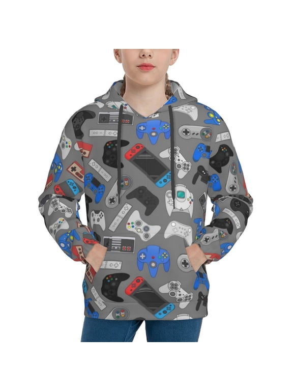 Video Game Pattern Youth Hoodie - Warm Pullover Sweatshirt with Kangaroo Pocket, Ideal for Boys and Girls-Large