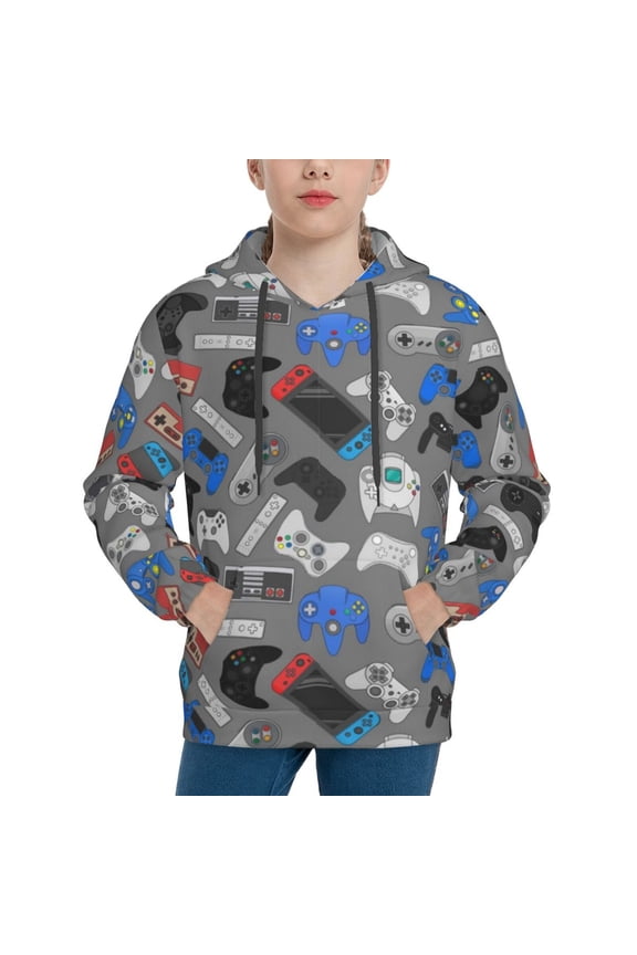 Video Game Pattern Youth Hoodie - Warm Pullover Sweatshirt with Kangaroo Pocket, Ideal for Boys and Girls-Medium