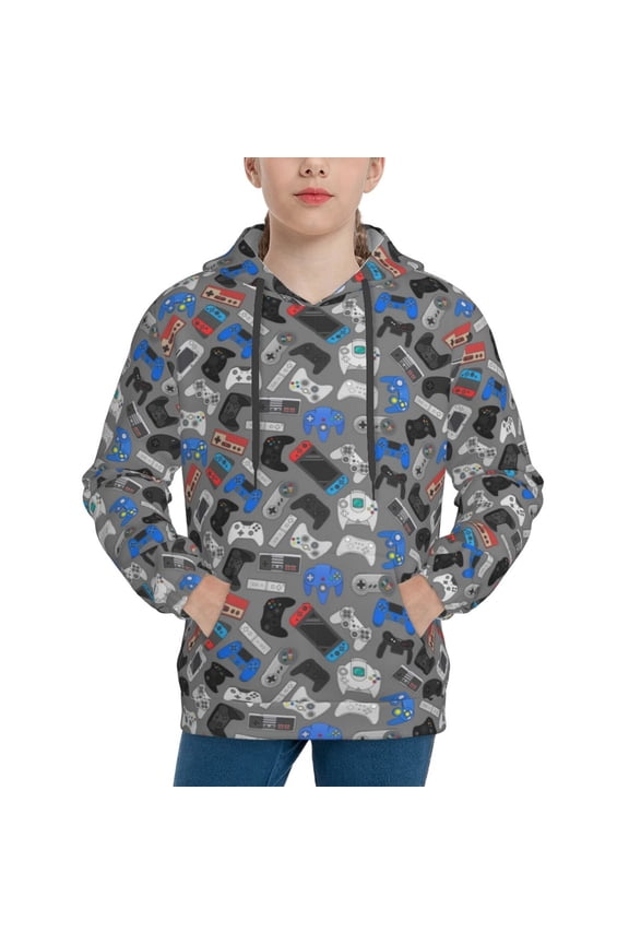 Video Game Pattern Youth Hoodie - Warm Pullover Sweatshirt with Kangaroo Pocket, Ideal for Boys and Girls-Small