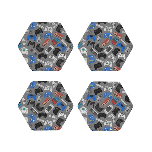 Picia Video Game Printed Leather Coasters for Drinks, 4" Drink Coasters Set of 4 for Tabletop Protection, Handmade Luxurious Home Décor and Housewarming Gift -Hexagon