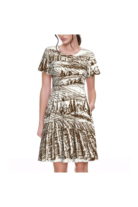 Vineyard Landscape 1 Pattern Women's Short Sleeve Summer Dress Pleated Loose Swing Knee Length Short Sleeve Swing Dresses