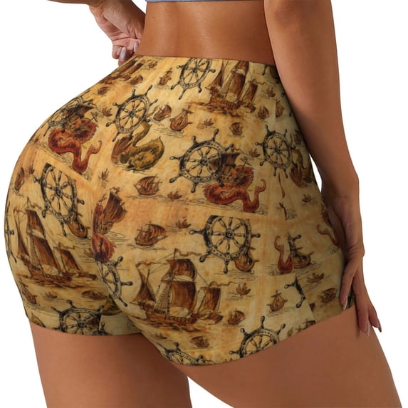 Picia Vintag Ancient Sailboats Printed Workout Shorts for Women Seamless Scrunch Butt Lifting High Waisted Yoga Gym Booty Running Moisture-wicking Short Pants-Medium