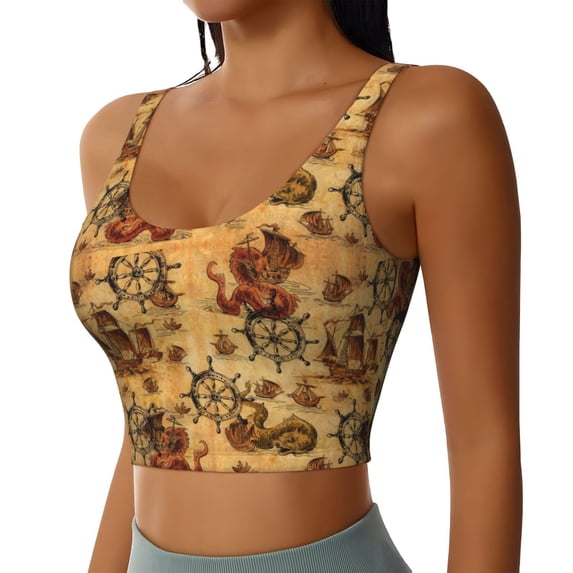 Picia Vintag Ancient Sailboats Sports Bra for Women,Padded Strappy Sports Bras Medium Support Yoga Bra with Removable Cups,Running Yoga Bra-X-Large
