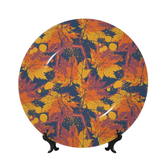 Picia Vintage Abstract Maple Leaf Art Pattern Bone China Decorative Plate – Wall Decor with Stand and Adhesive, Elegant Ornament for Living Room, Office, or Entryway-6in