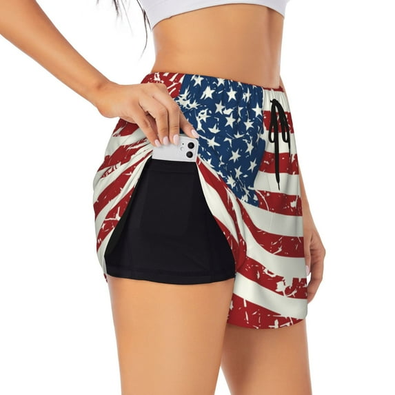 Picia Vintage American Flag Pattern Women's 2 in 1 Athletic Running Shorts High Waisted Workout Casual Gym Sweat Shorts with Comfy Liner Zipper Pockets-Small