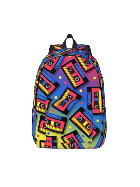 Vintage Audio Cassettes Printed Canvas Daypack - Stylish and Durable Vintage Compact Backpack - Class, Work, Travel, or Laptop Bookbag,Organized Compartments-Medium
