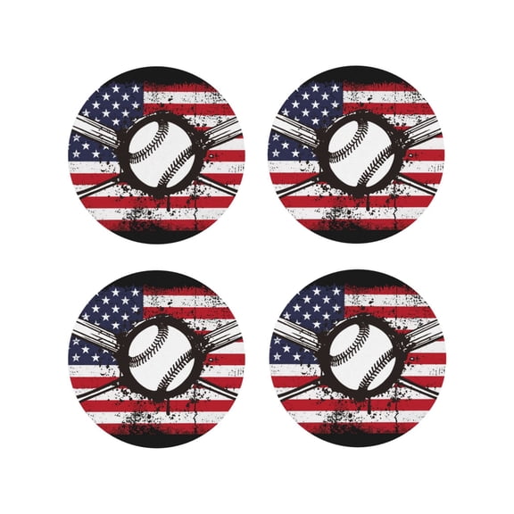 Picia Vintage Baseball American Flag Printed Leather Coasters for Drinks, 4" Drink Coasters Set of 4 for Tabletop Protection, Handmade Luxurious Home Décor and Housewarming Gift-Round Shape