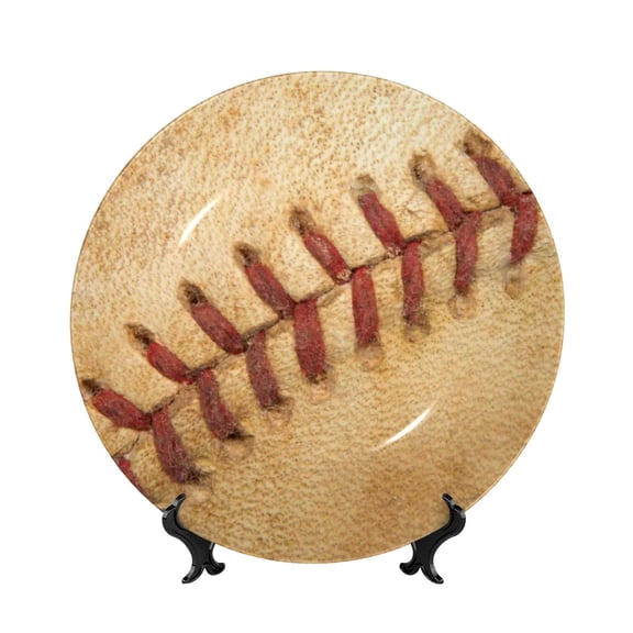 Picia Vintage Baseball Pattern Bone China Decorative Plate – Wall Decor with Stand and Adhesive, Elegant Ornament for Living Room, Office, or Entryway-8in
