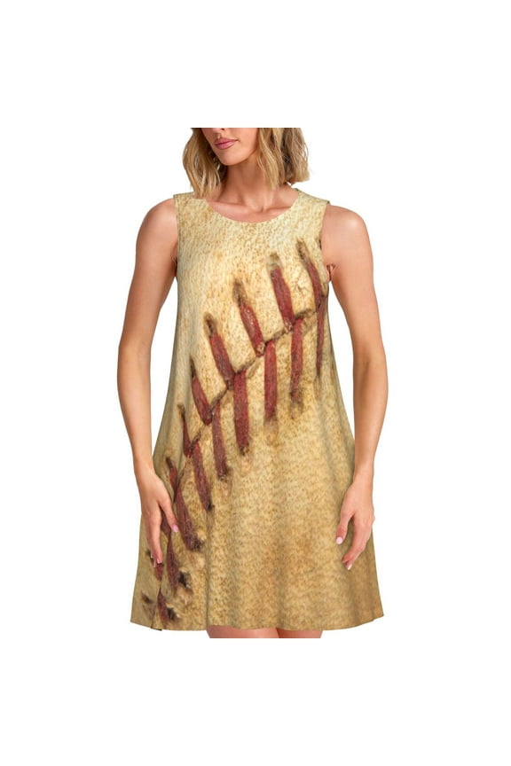 Vintage Baseball Print Women’s Sleeveless Midi Swing Dress – A-Line Pleated Tank Sundress, Comfortable and Flowy T-Shirt Dress