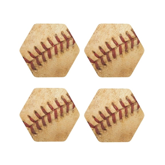 Picia Vintage Baseball Printed Leather Coasters for Drinks, 4" Drink Coasters Set of 4 for Tabletop Protection, Handmade Luxurious Home Décor and Housewarming Gift -Hexagon