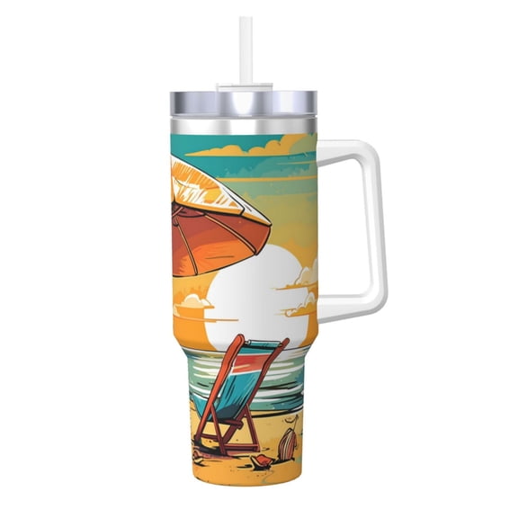 Picia Vintage Beach Sunset Pattern 40oz Ice Bully Insulated Tumbler with Handle, Double-Wall Stainless Steel Cup, Leak-Proof Lid and Straw