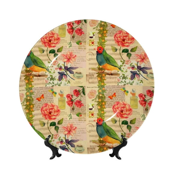 Picia Vintage Bird Pattern Bone China Decorative Plate – Wall Decor with Stand and Adhesive, Elegant Ornament for Living Room, Office, or Entryway-6in