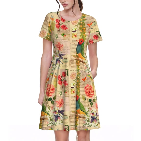 Picia Vintage Bird Pattern Women's Short Sleeve Summer Dress Pleated Loose Swing Knee Length Short Sleeve Swing Dresses