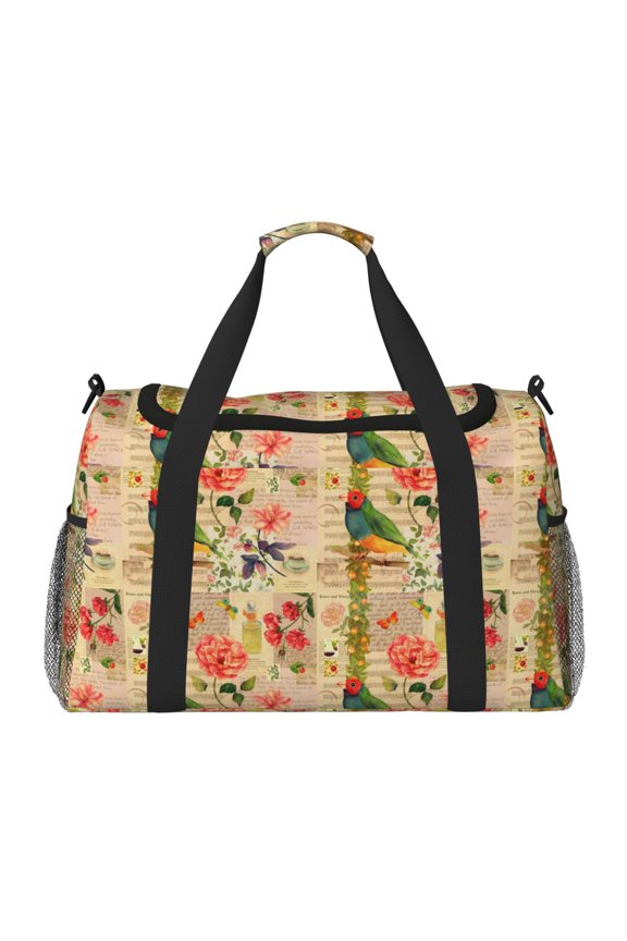 Vintage Bird Print Travel Duffle Bag,Weekender Bags for Women with Shoe Compartment, Gym Duffel Bag with Wet Pocket, Hospital Bags for Labor and Delivery
