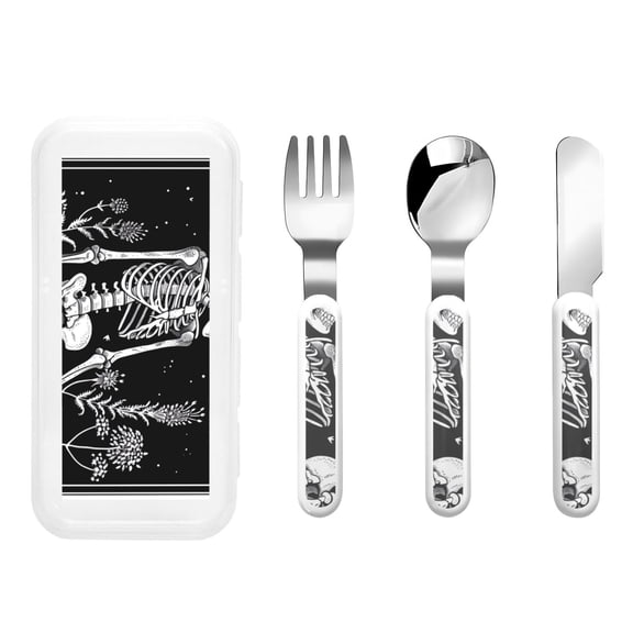 Picia Vintage Black white Plant skull Print Children's Knife, Fork And Spoon Set - Kids Knife Fork Spoon - Stainless Steel Kids Silverware Set - Metal Kids Cutlery Set