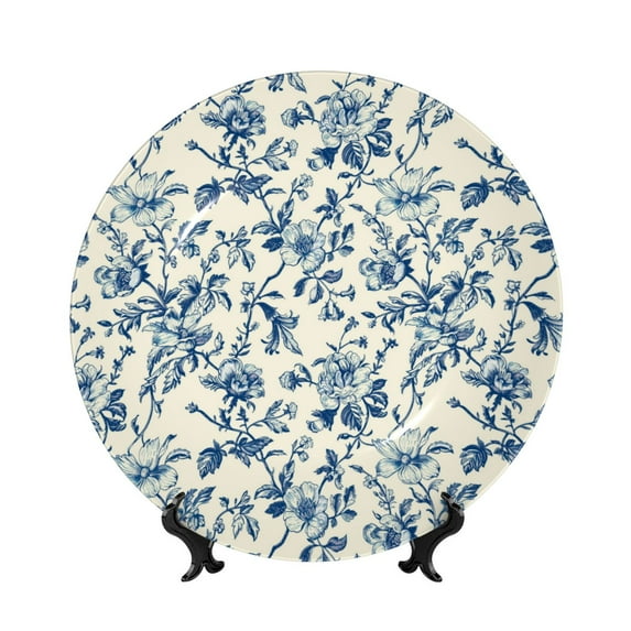 Picia Vintage Blue Floral Pattern Bone China Decorative Plate – Wall Decor with Stand and Adhesive, Elegant Ornament for Living Room, Office, or Entryway-6in