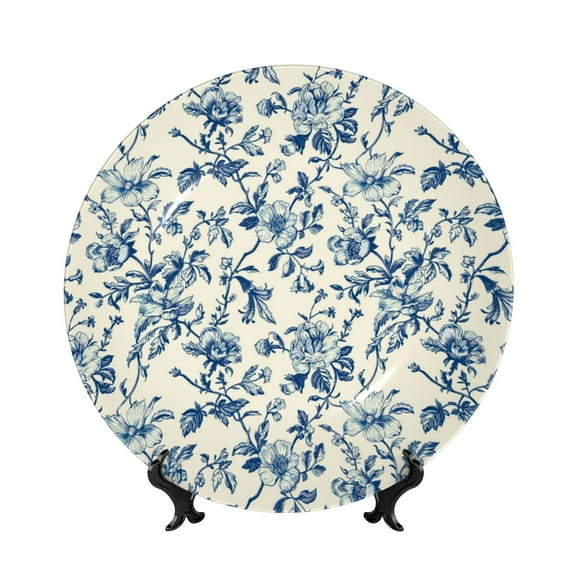 Picia Vintage Blue Floral Pattern Bone China Decorative Plate – Wall Decor with Stand and Adhesive, Elegant Ornament for Living Room, Office, or Entryway-7in