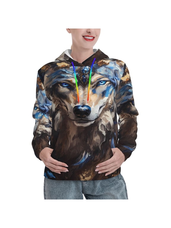 Vintage Blue Floral Wolf Pattern Casual Women's Hoodie, Hooded Sweatshirt with Kangaroo Pocket, Comfortable Pullover with Eye-catching Drawstrings-Small