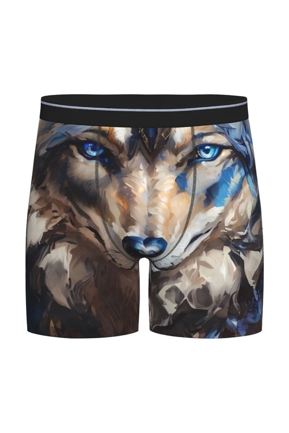 Vintage Blue Floral Wolf Pattern Men's Athletic Long Leg Briefs , Performance Stretch Underwear，Moisture-Wicking