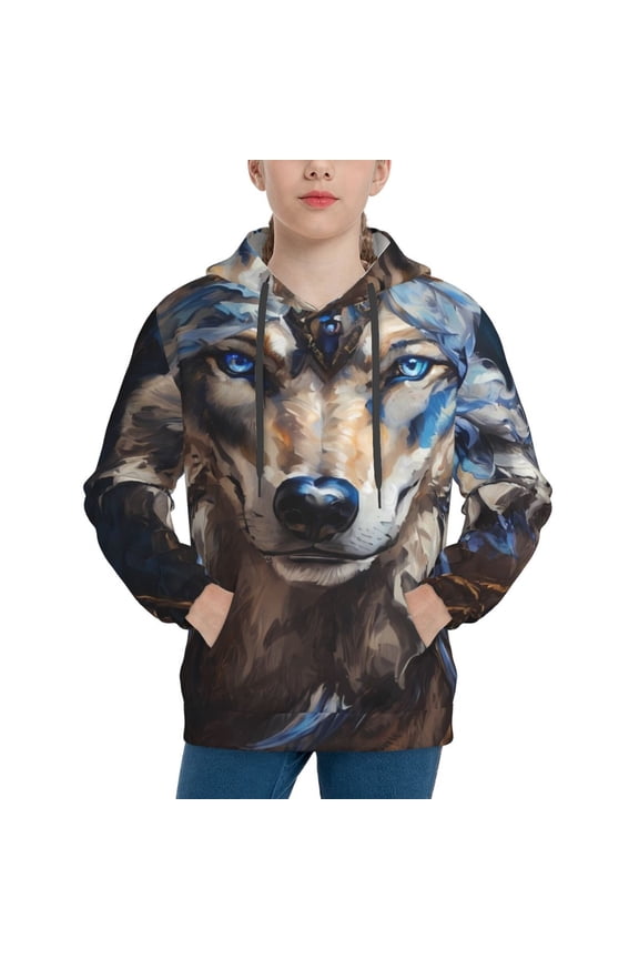 Vintage Blue Floral Wolf Pattern Youth Hoodie - Warm Pullover Sweatshirt with Kangaroo Pocket, Ideal for Boys and Girls-X-Large