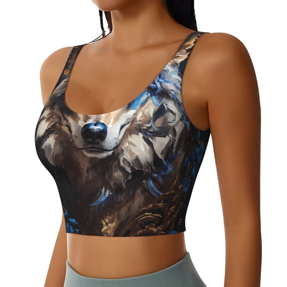 Picia Vintage Blue Floral Wolf Sports Bra for Women,Padded Strappy Sports Bras Medium Support Yoga Bra with Removable Cups,Running Yoga Bra-XX-Large