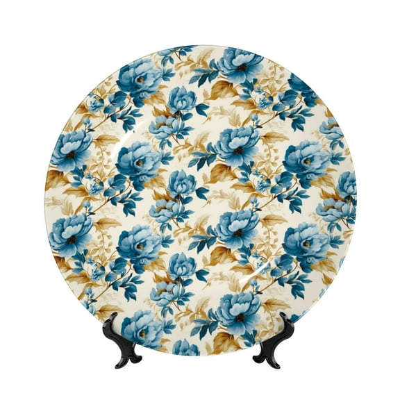 Picia Vintage Blue Flowers Pattern Bone China Decorative Plate – Wall Decor with Stand and Adhesive, Elegant Ornament for Living Room, Office, or Entryway-7in