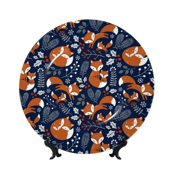 Picia Vintage Blue Fox Family Pattern Bone China Decorative Plate – Wall Decor with Stand and Adhesive, Elegant Ornament for Living Room, Office, or Entryway-7in