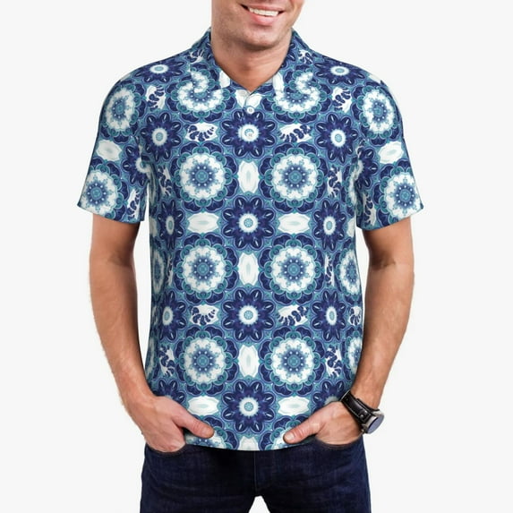 Picia Vintage Blue Print Men's Polo Shirt, Two-Button Closure Pique Polo Shirt, Summer Fashion Golf Shirt-Large