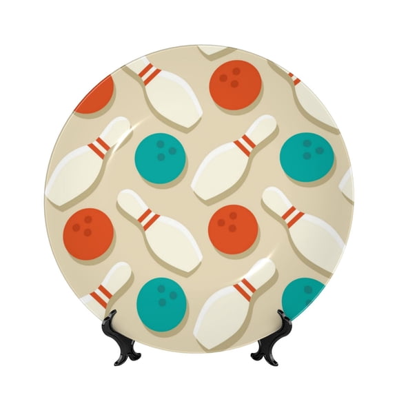 Picia Vintage Bowling Pattern Bone China Decorative Plate – Wall Decor with Stand and Adhesive, Elegant Ornament for Living Room, Office, or Entryway-8in