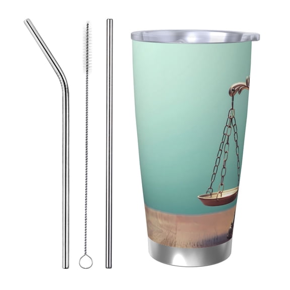 Picia Vintage Brass Balance Scale Pattern 20 oz Tumbler Stainless Steel Vacuum Insulated Coffee Ice Cup Double Wall Travel Flask Dual Lid Water Bottle, Eco-friendly Car Cup-Straw Three-piece Set