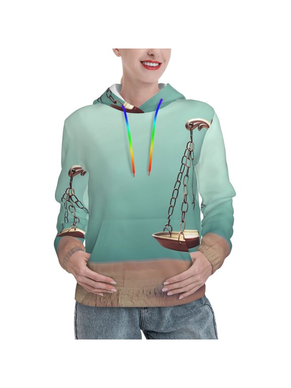 Vintage Brass Balance Scale Pattern Casual Women's Hoodie, Hooded Sweatshirt with Kangaroo Pocket, Comfortable Pullover with Eye-catching Drawstrings-Small
