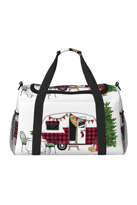 Vintage Buffalo Plaid Christmas Camper Print Travel Duffle Bag,Weekender Bags for Women with Shoe Compartment, Gym Duffel Bag with Wet Pocket, Hospital Bags for Labor and Delivery