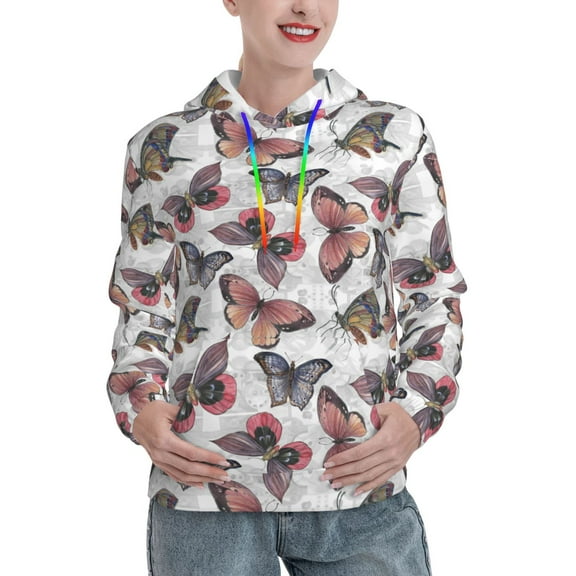 Picia Vintage Butterflies Pattern Casual Women's Hoodie, Hooded Sweatshirt with Kangaroo Pocket, Comfortable Pullover with Eye-catching Drawstrings-Medium
