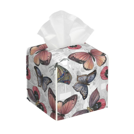 Picia Vintage Butterflies Pattern Tissue Box Cover,PVC Leather Square Holder,Tissue Box Holder with Magnetic Bottom,Facial Paper Organizer Dispenser-5.2"X5.2"X5.2"